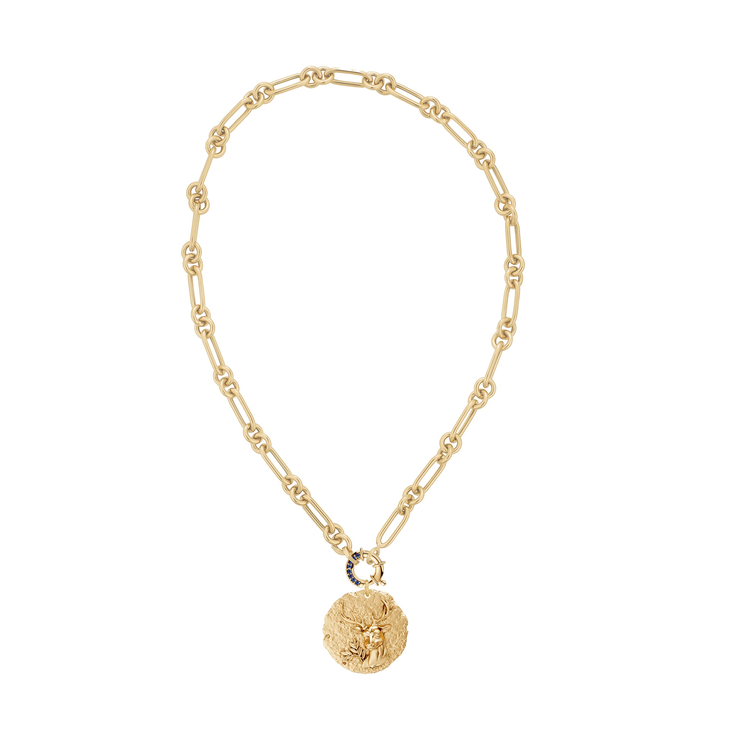 Gold necklace with a round zodiac virgo pendant on link chain with decorative blue sapphire clasp on a white background
