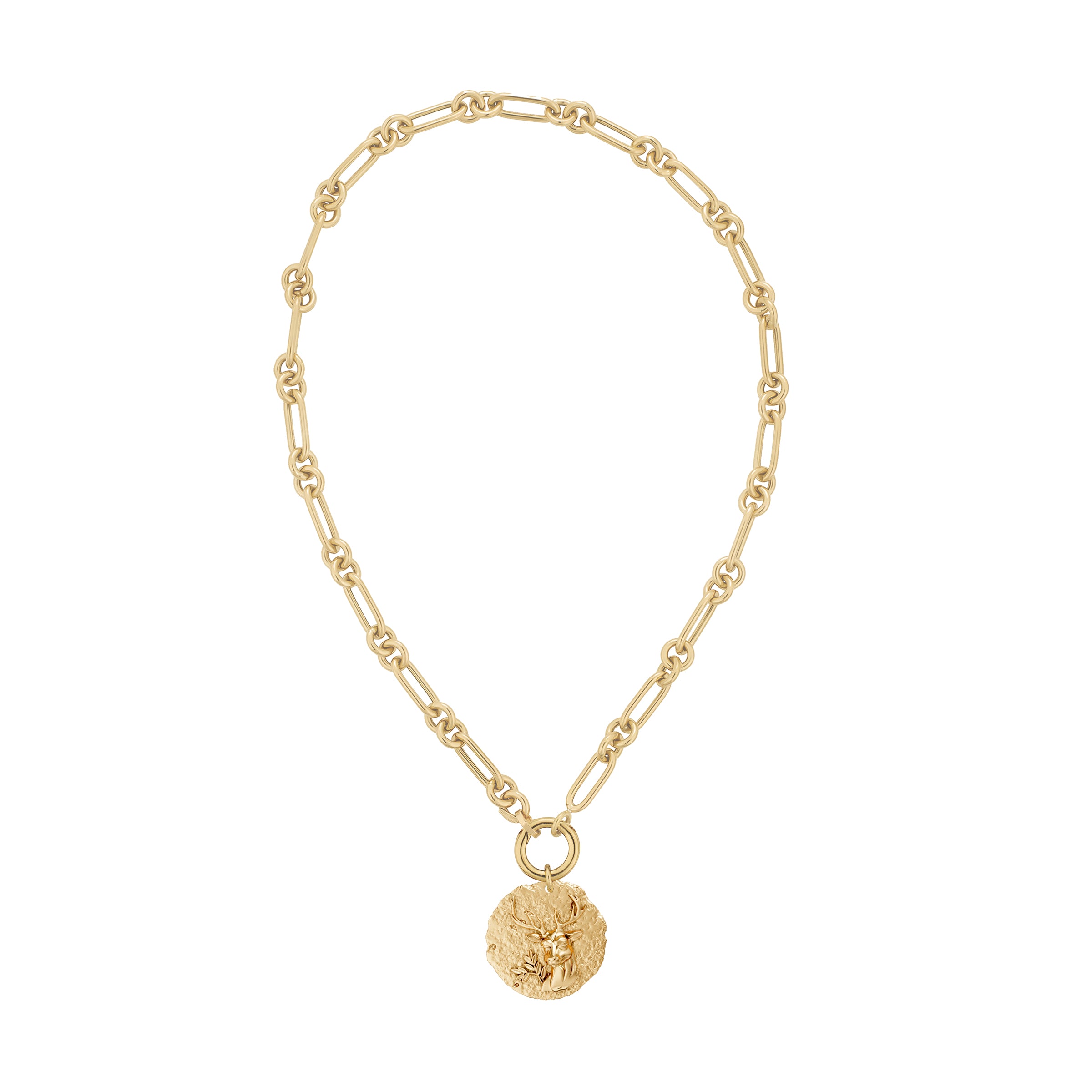 Gold necklace with a round zodiac virgo pendant on link chain with decorative plain gold clasp on a white background