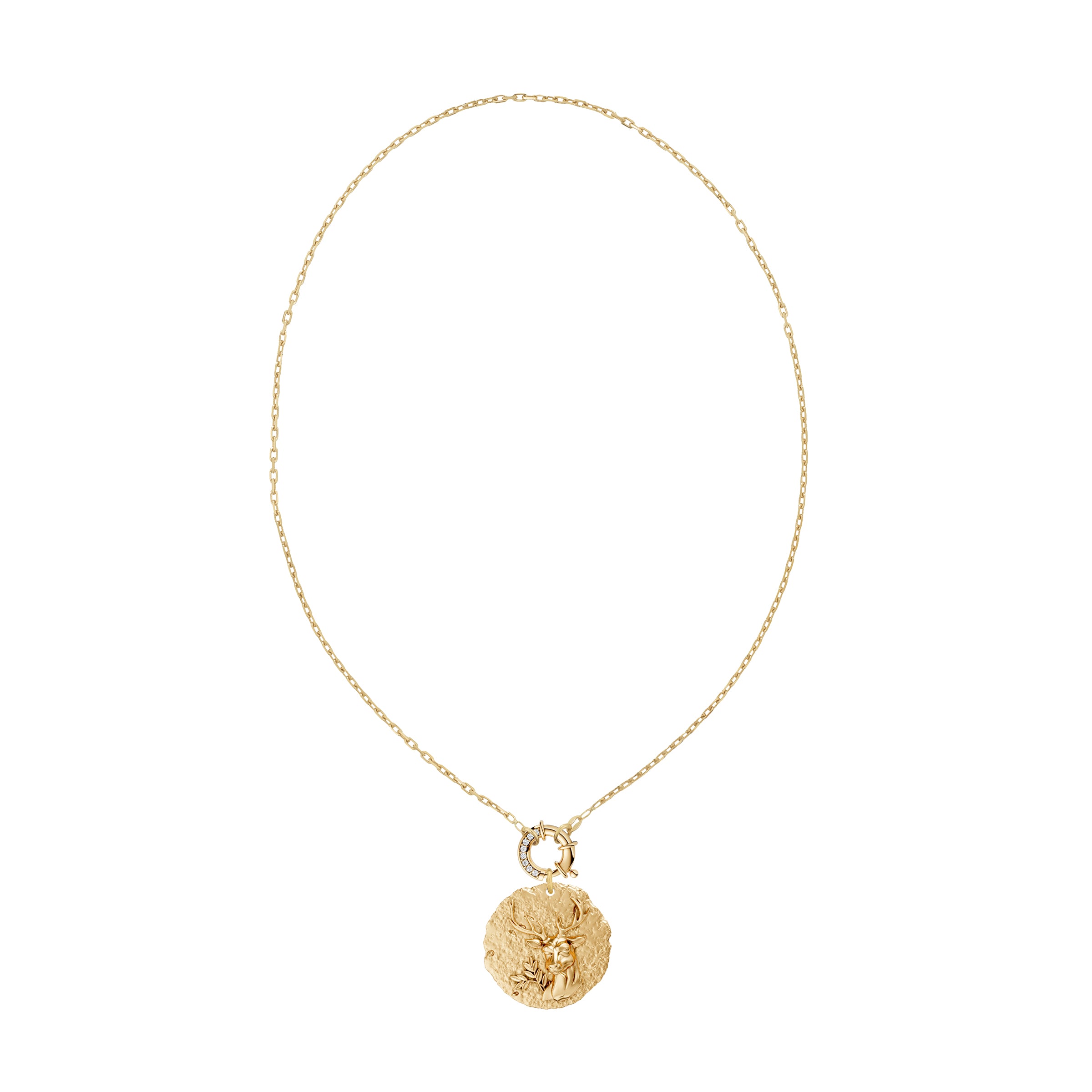 Gold necklace with a round zodiac virgo pendant on link chain with decorative white diamond clasp on a white background