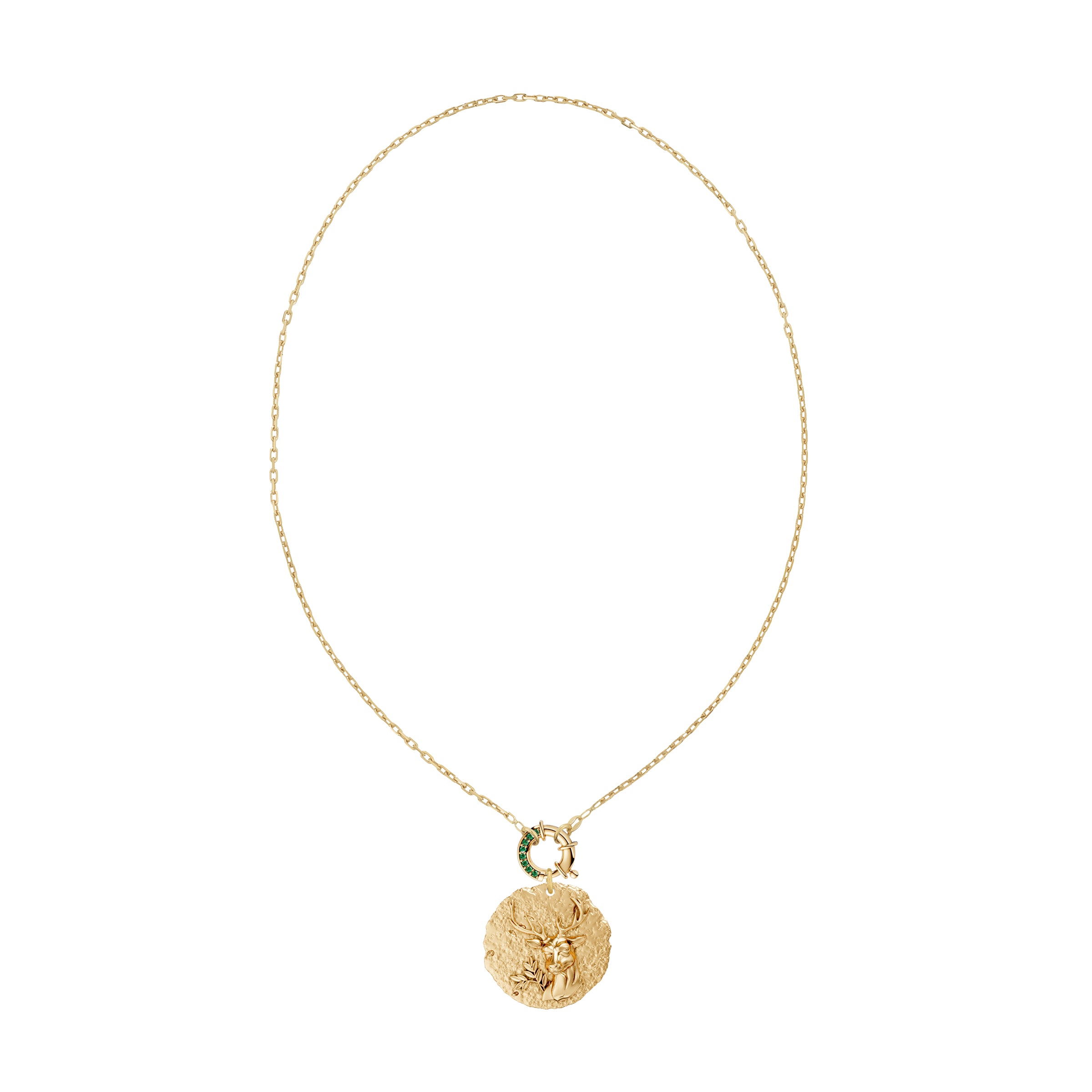 Gold necklace with a round zodiac virgo pendant on link chain with decorative emerald clasp on a white background