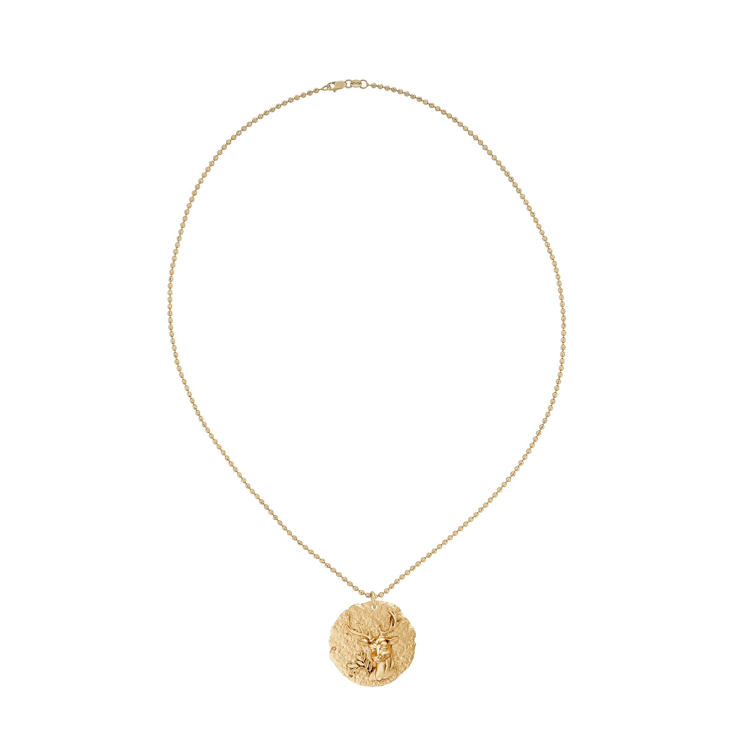 Gold necklace with a round zodiac virgo pendant on small ball chain on a white background