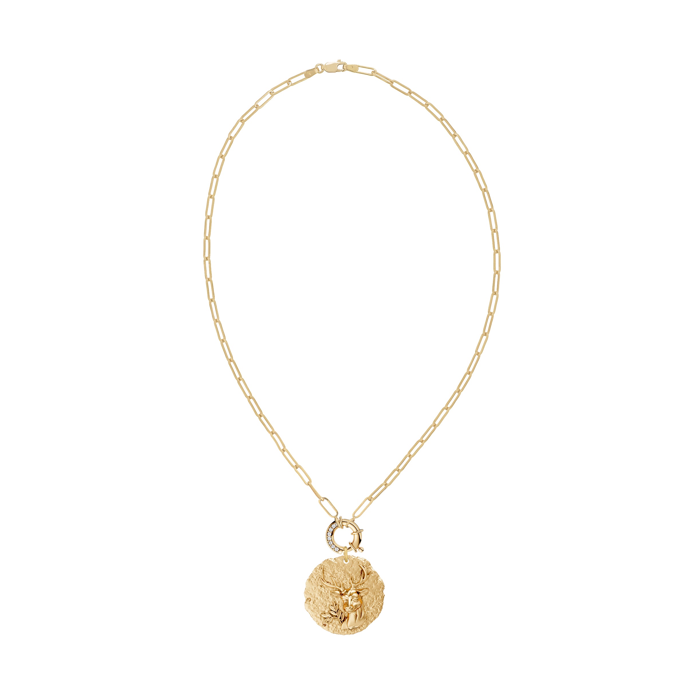 Gold necklace with a round zodiac virgo pendant on link chain with decorative white diamond clasp on a white background
