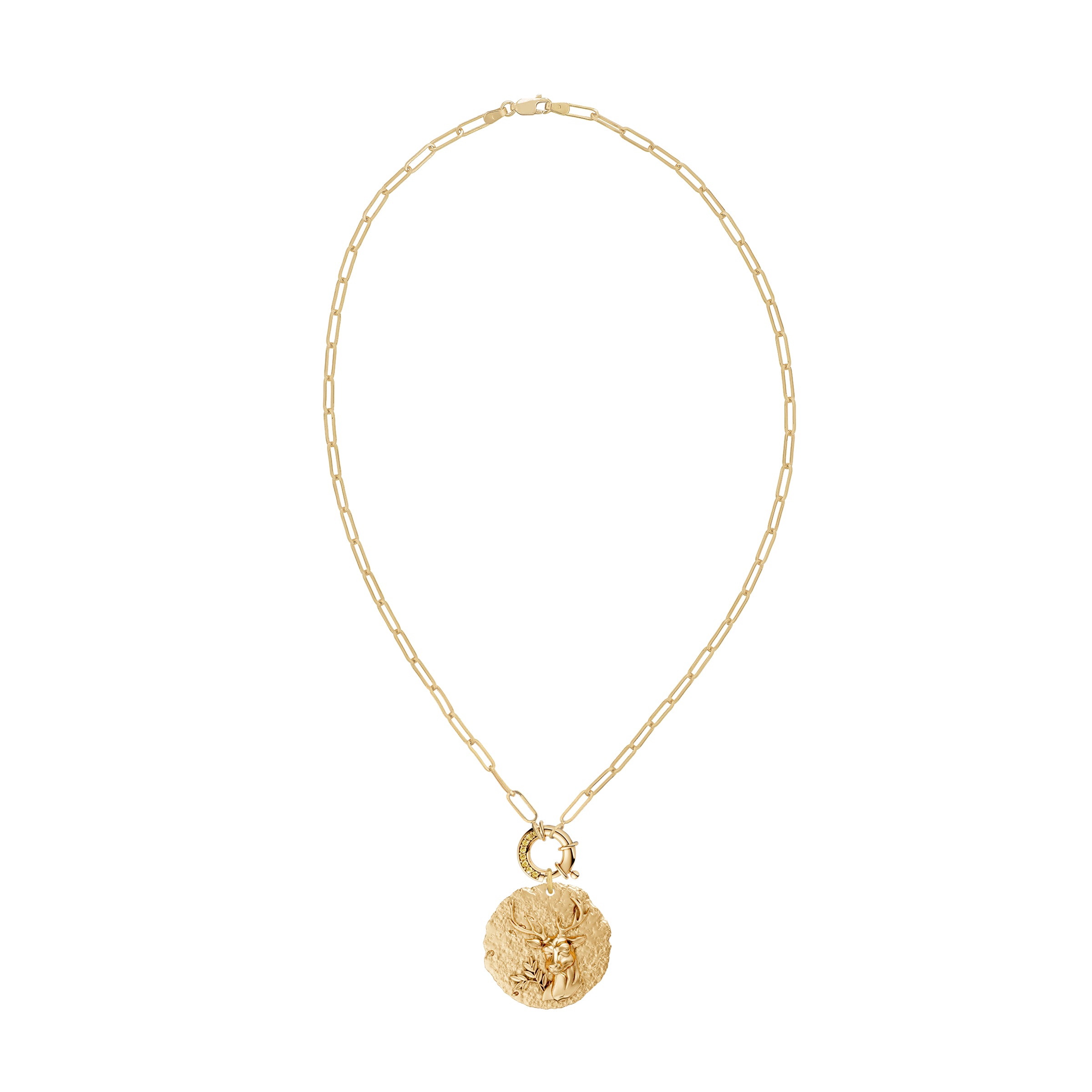 Gold necklace with a round zodiac virgo pendant on link chain with decorative yellow diamond clasp on a white background
