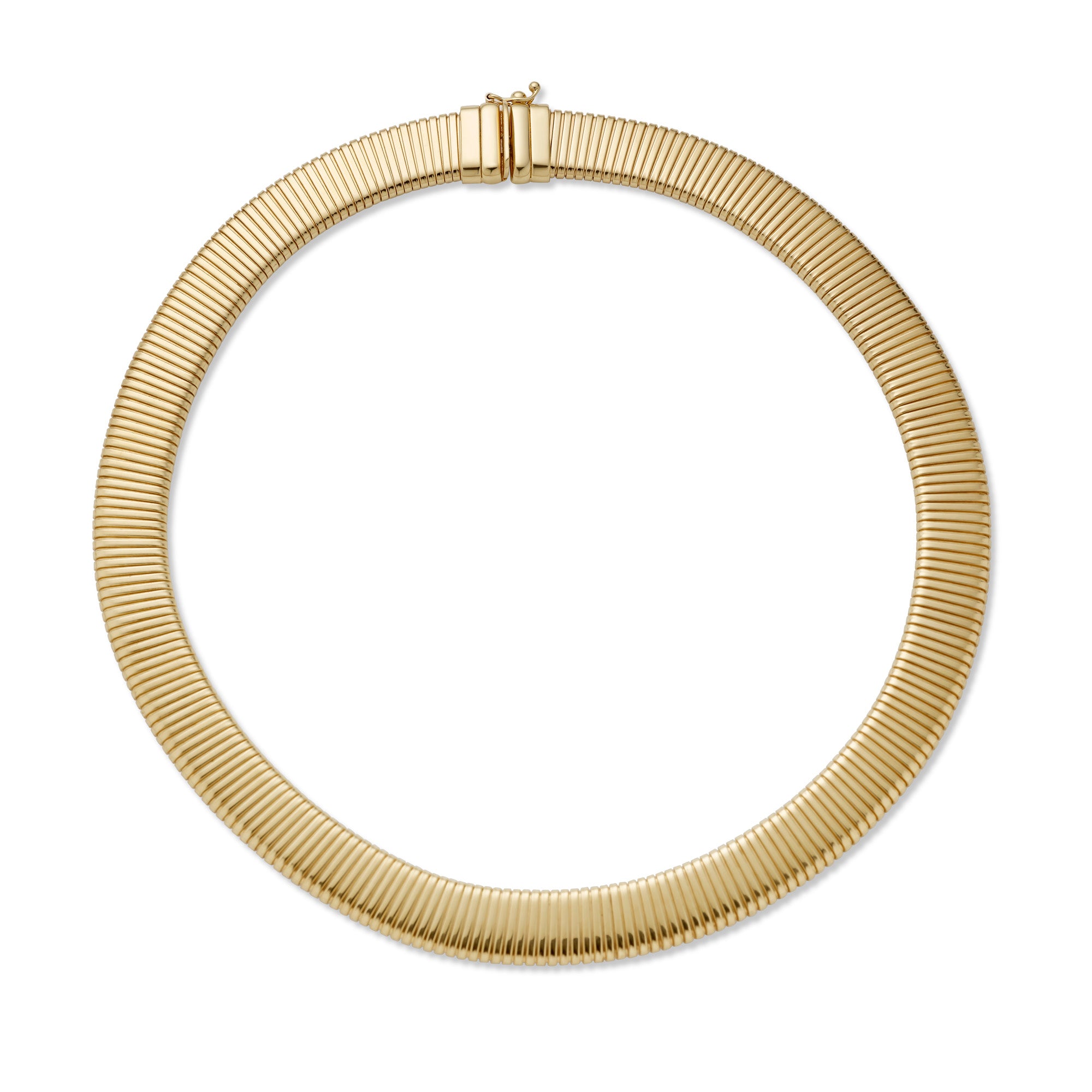 14k yellow gold tubogas necklace on a light gray background.