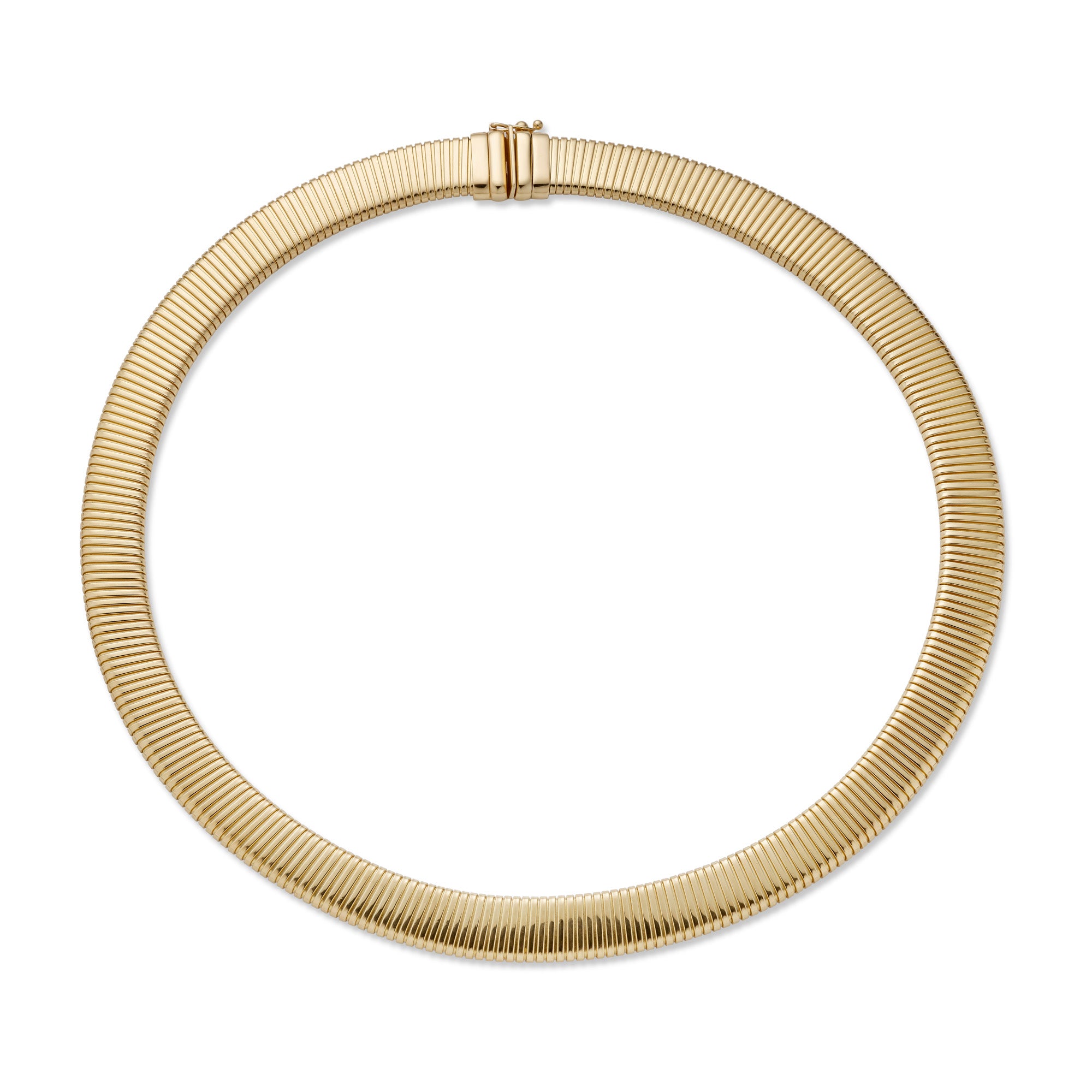 14k yellow gold tubogas necklace on a white background.