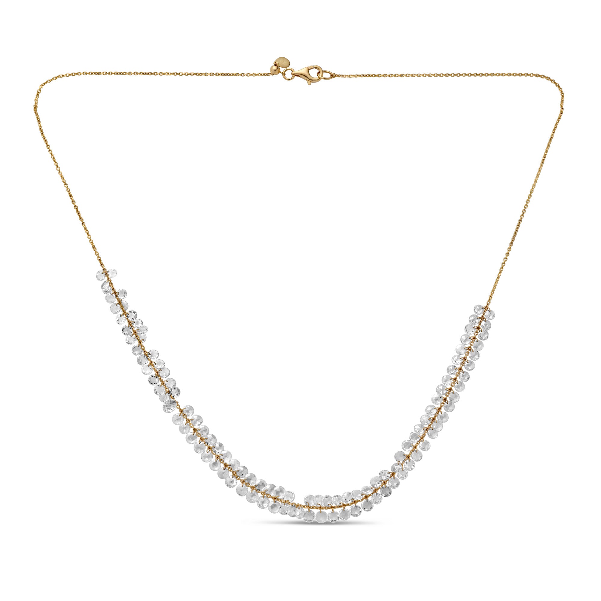 Rose cut diamond necklace set in yellow gold on white background