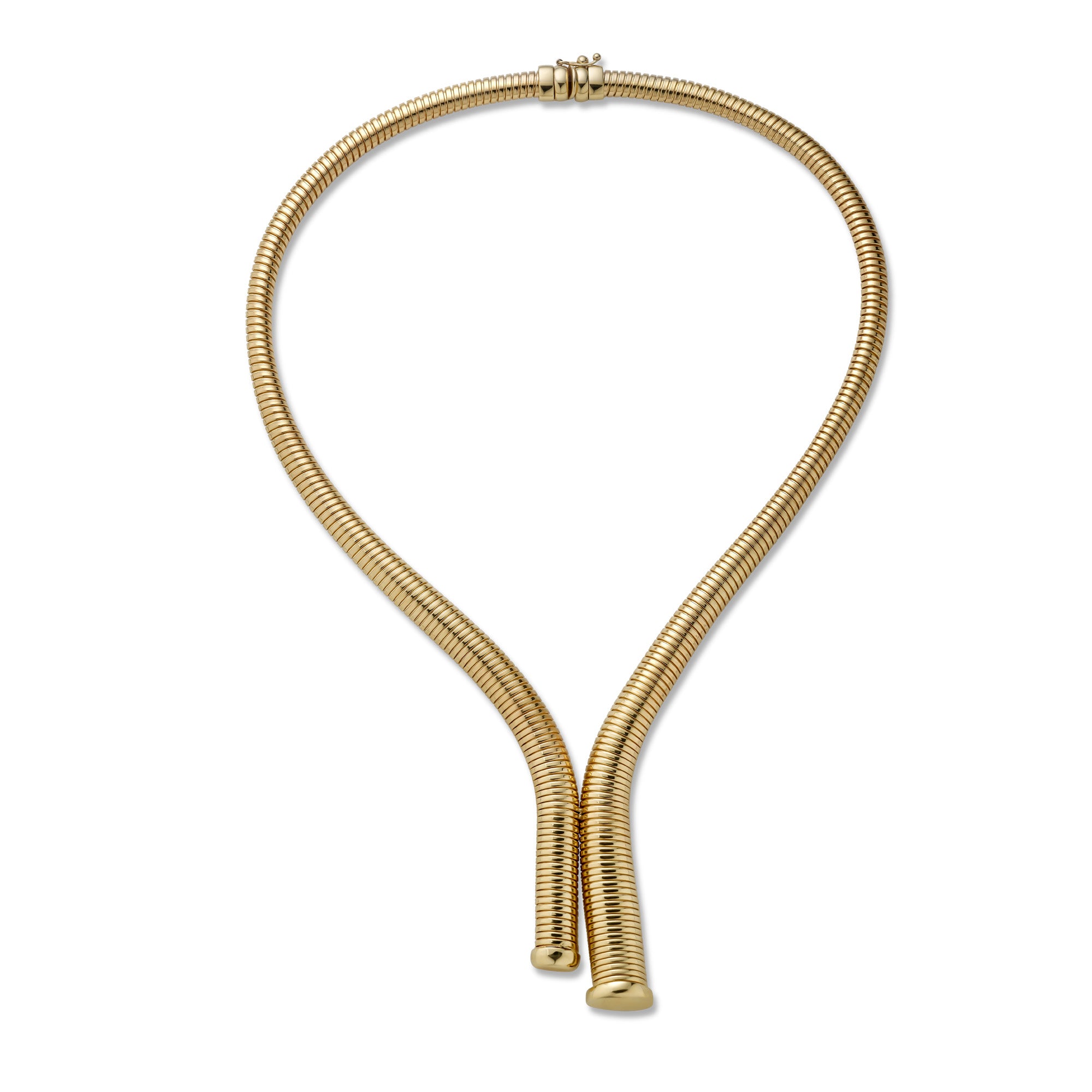14k yellow gold tubogas necklace on a white background
