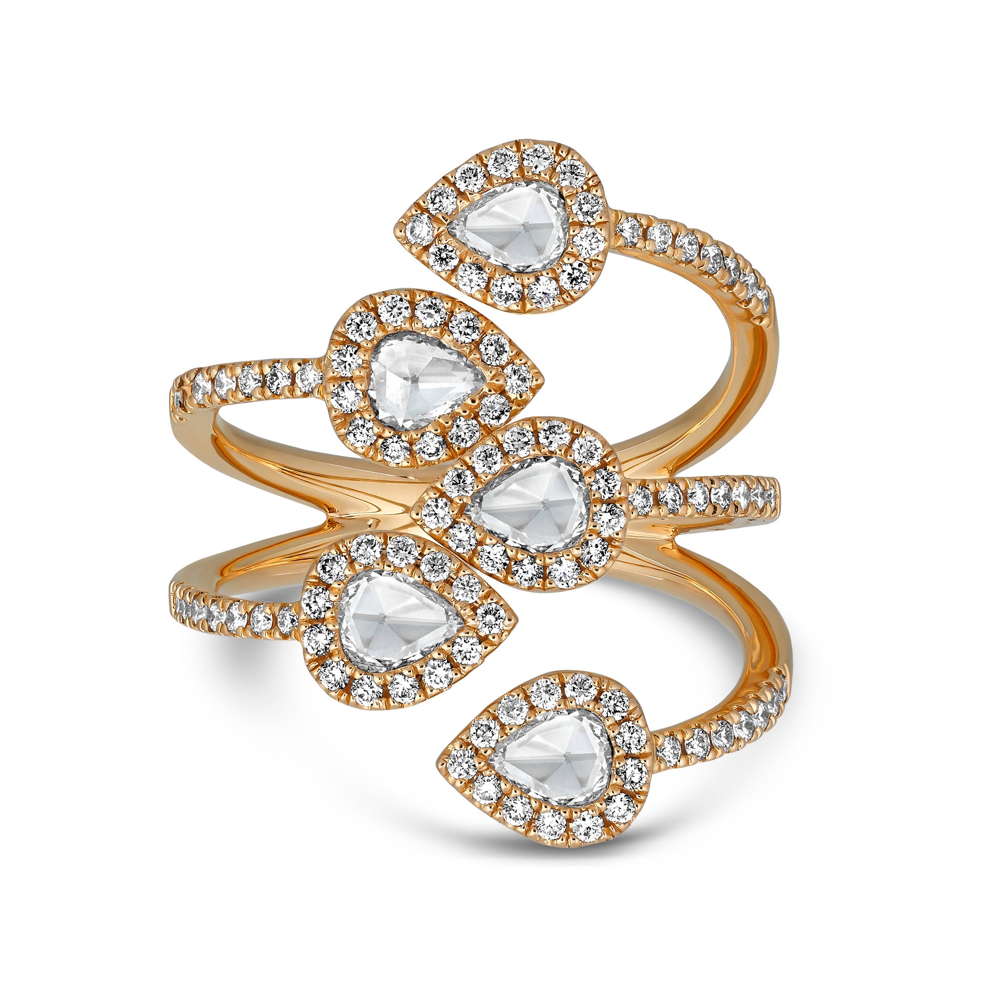 18k rose gold ring with five pear-shaped rose-cut diamonds, each framed by pavé diamond halos, set along a split band with pavé diamond accents.