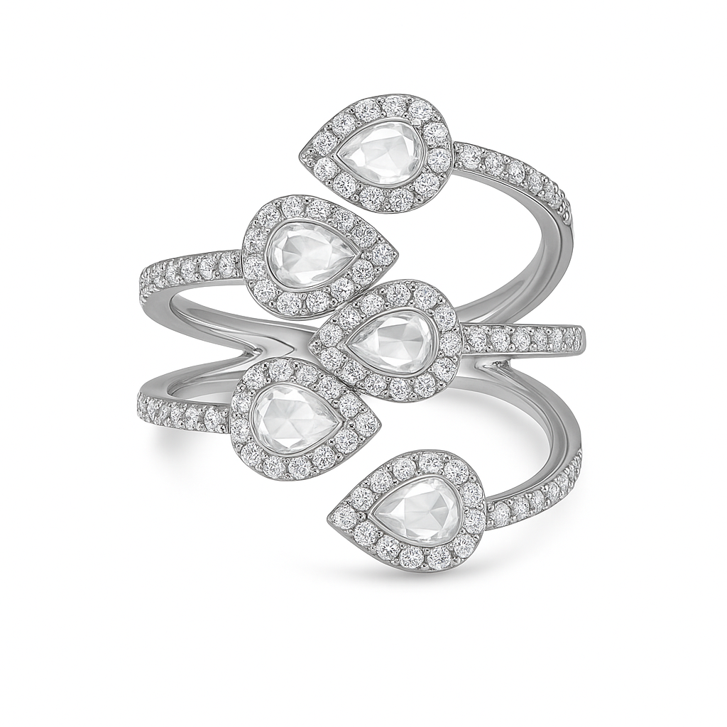 18k white gold ring with five pear-shaped rose-cut diamonds, each framed by pavé diamond halos, set along a split band with pavé diamond accents.
