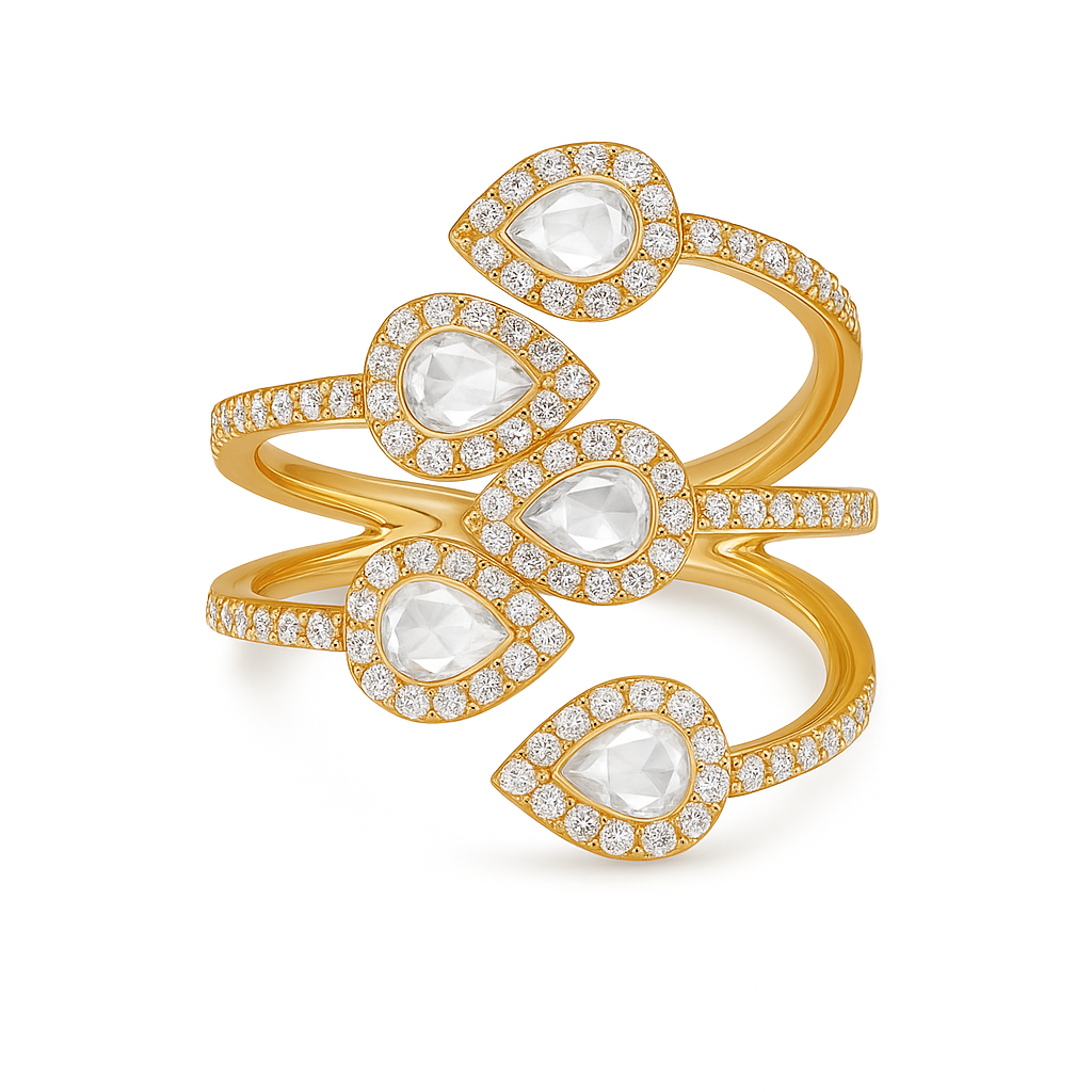 18k yellow gold ring with five pear-shaped rose-cut diamonds, each framed by pavé diamond halos, set along a split band with pavé diamond accents.