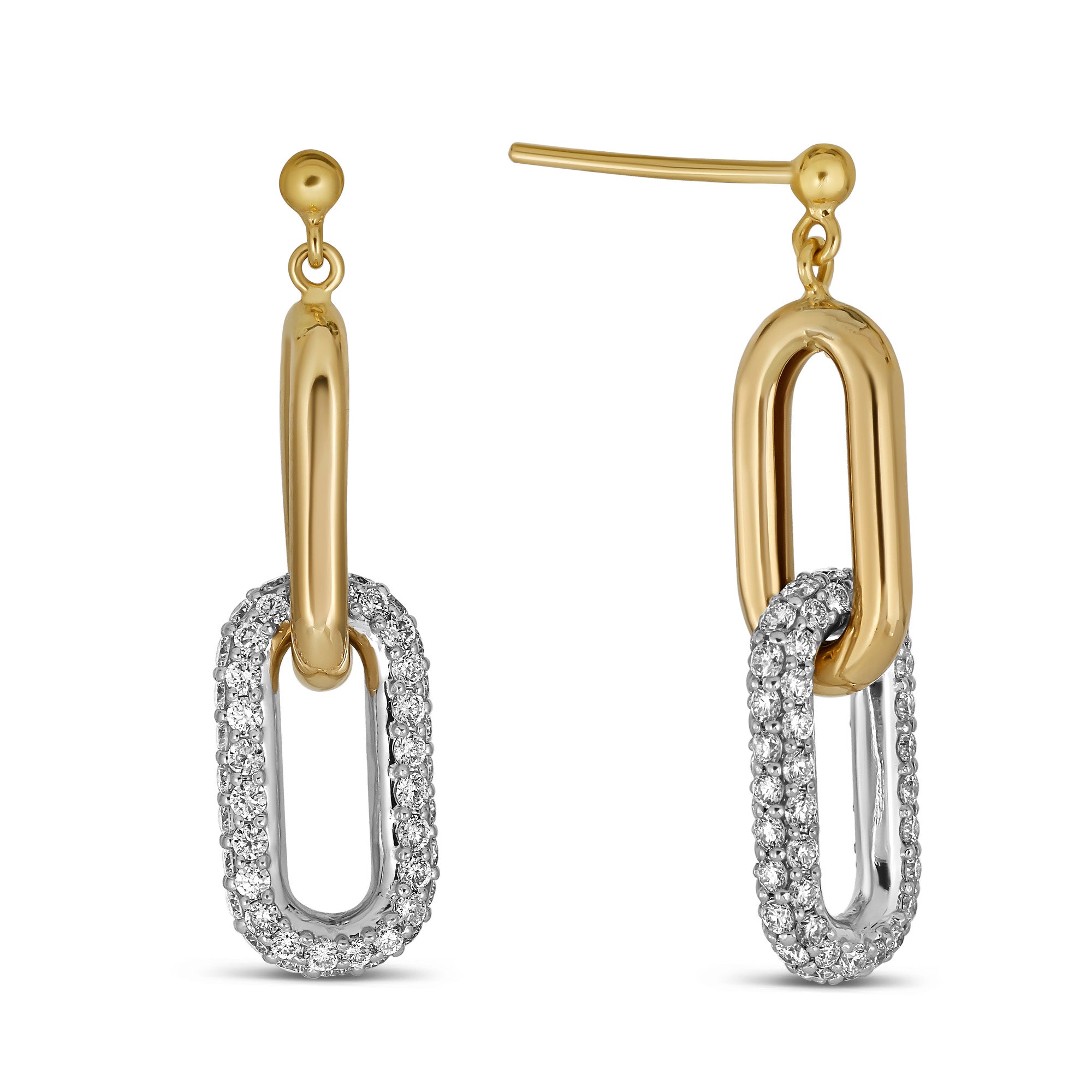 14k chain earrings with solid yellow gold link and pave natrual mined diamonds on link.