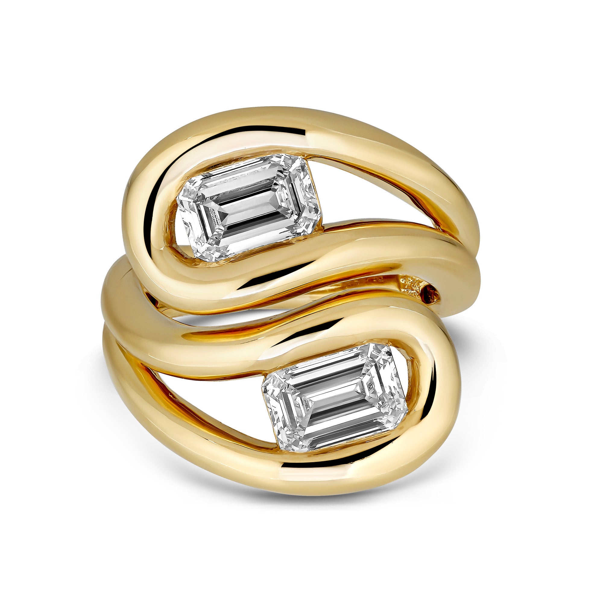 18k gold ring featuring two emerald-cut lab-grown diamonds set within fluid, sculptural curves of gold.