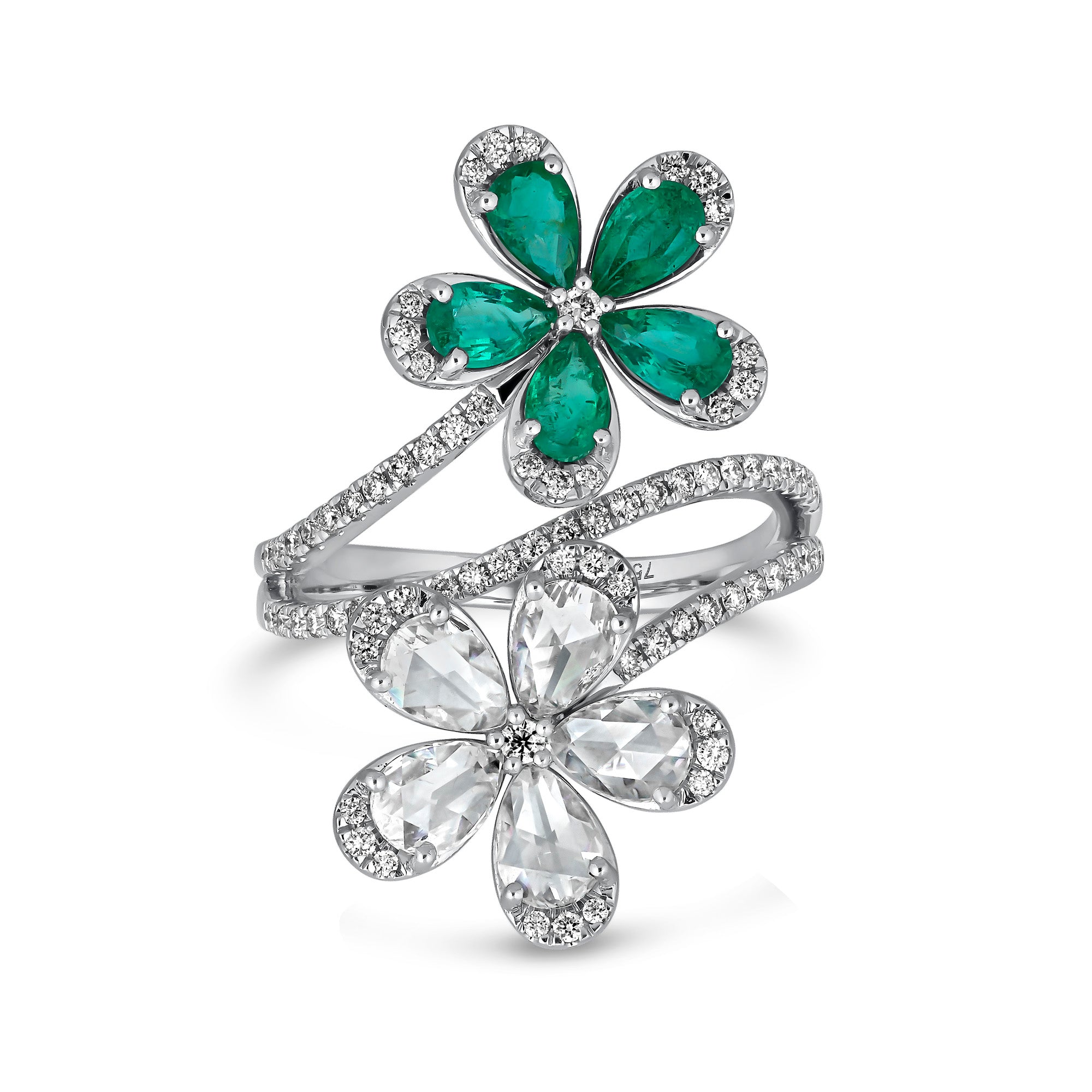 18k gold ring with two floral designs, one flower set with pear-shaped emeralds and the other with rose-cut diamonds, accented by a pavé diamond band.