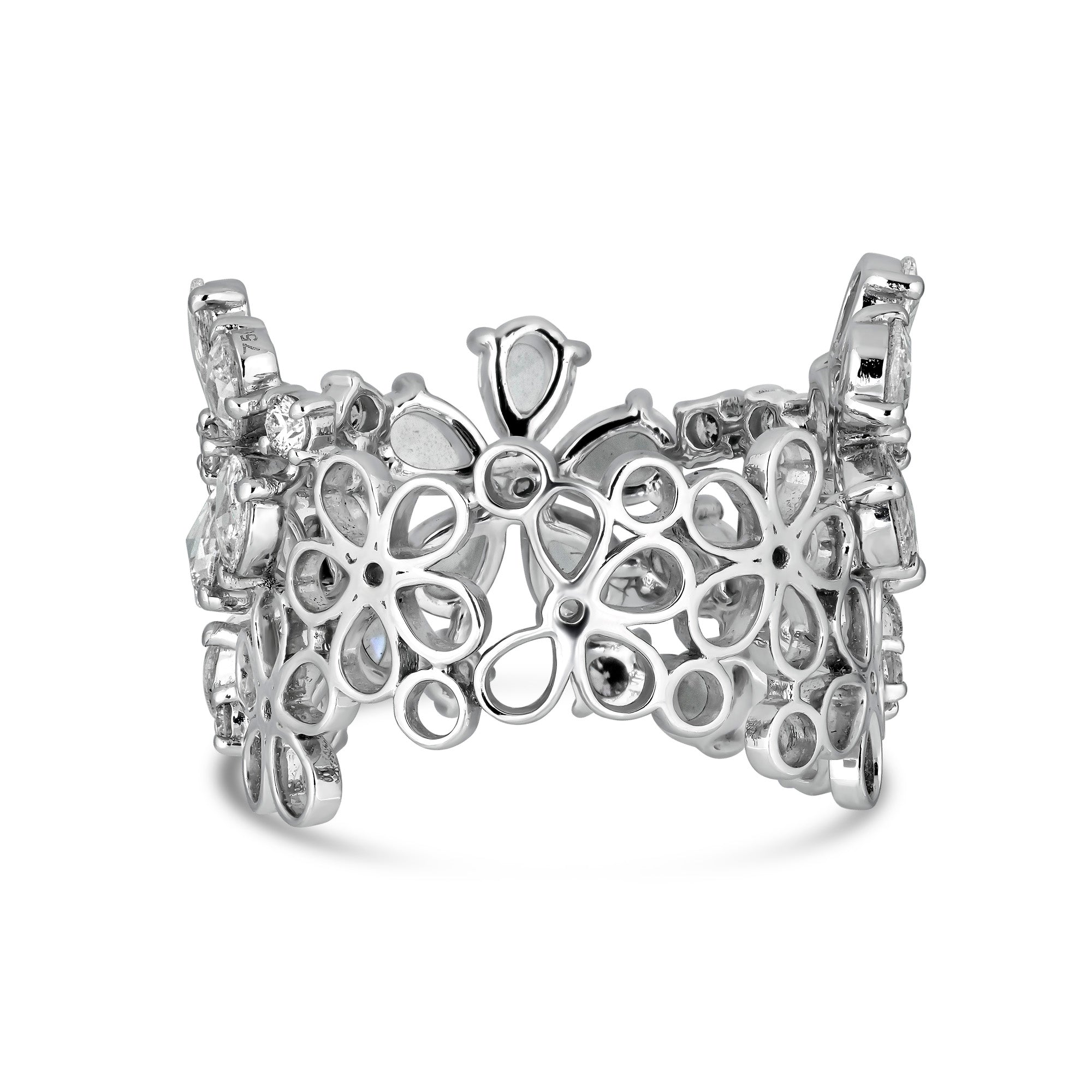 Wide diamond ring in 18k gold featuring clusters of rose-cut diamonds arranged in floral patterns, creating the look of a blooming garden around the band. Back of ring.