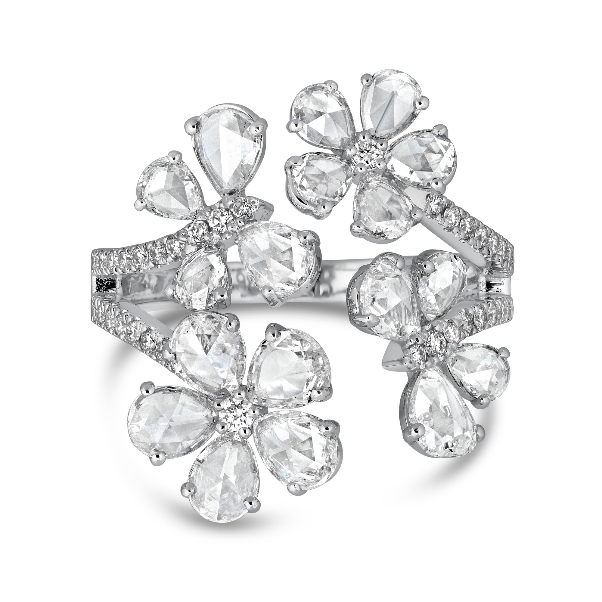  Diamond ring in 18k gold featuring clusters of rose-cut diamonds shaped like flowers, accented with pavé-set diamonds and butterfly-inspired details.