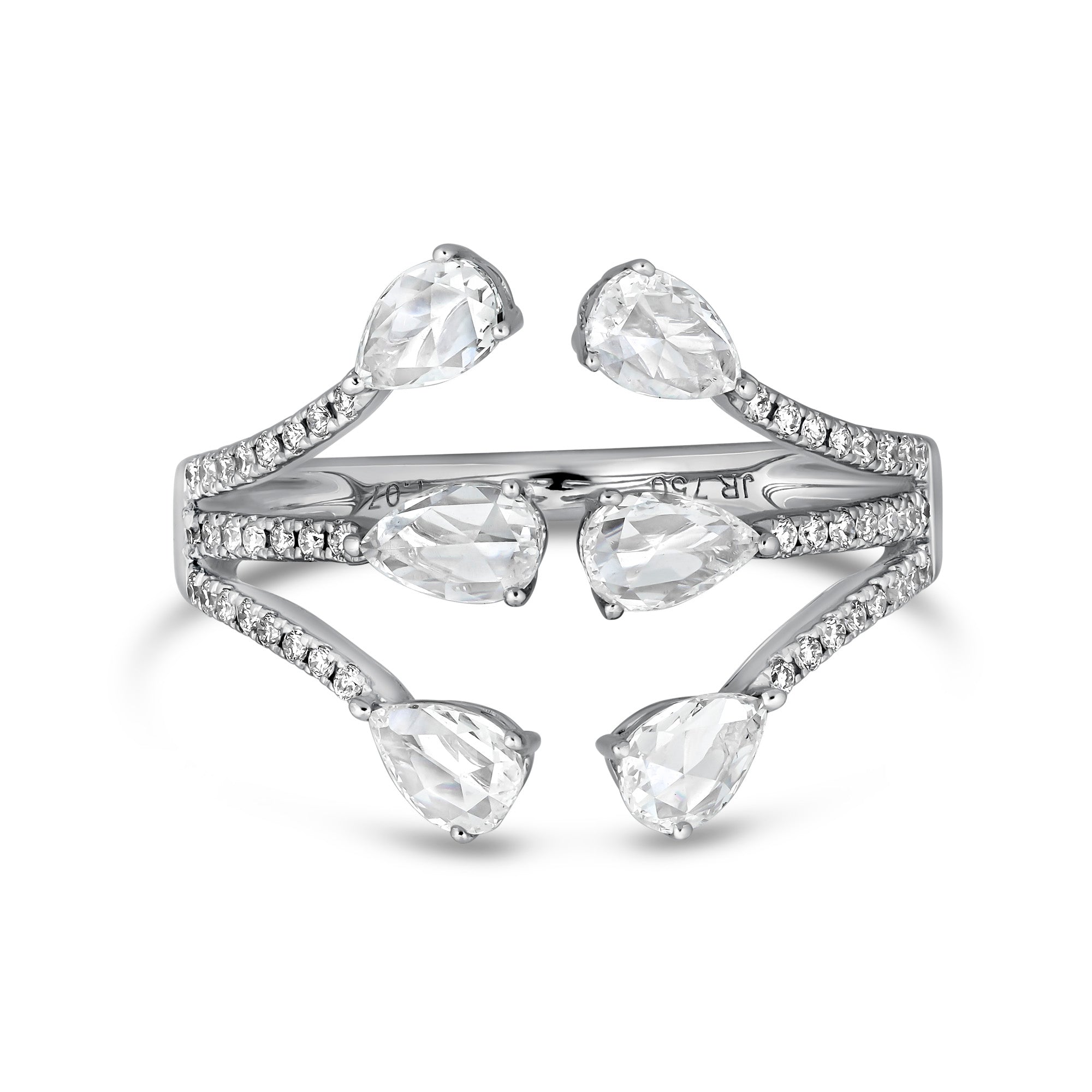 18k gold ring with six pear-shaped rose-cut diamonds set along a split pavé diamond band, creating an open, elegant design.