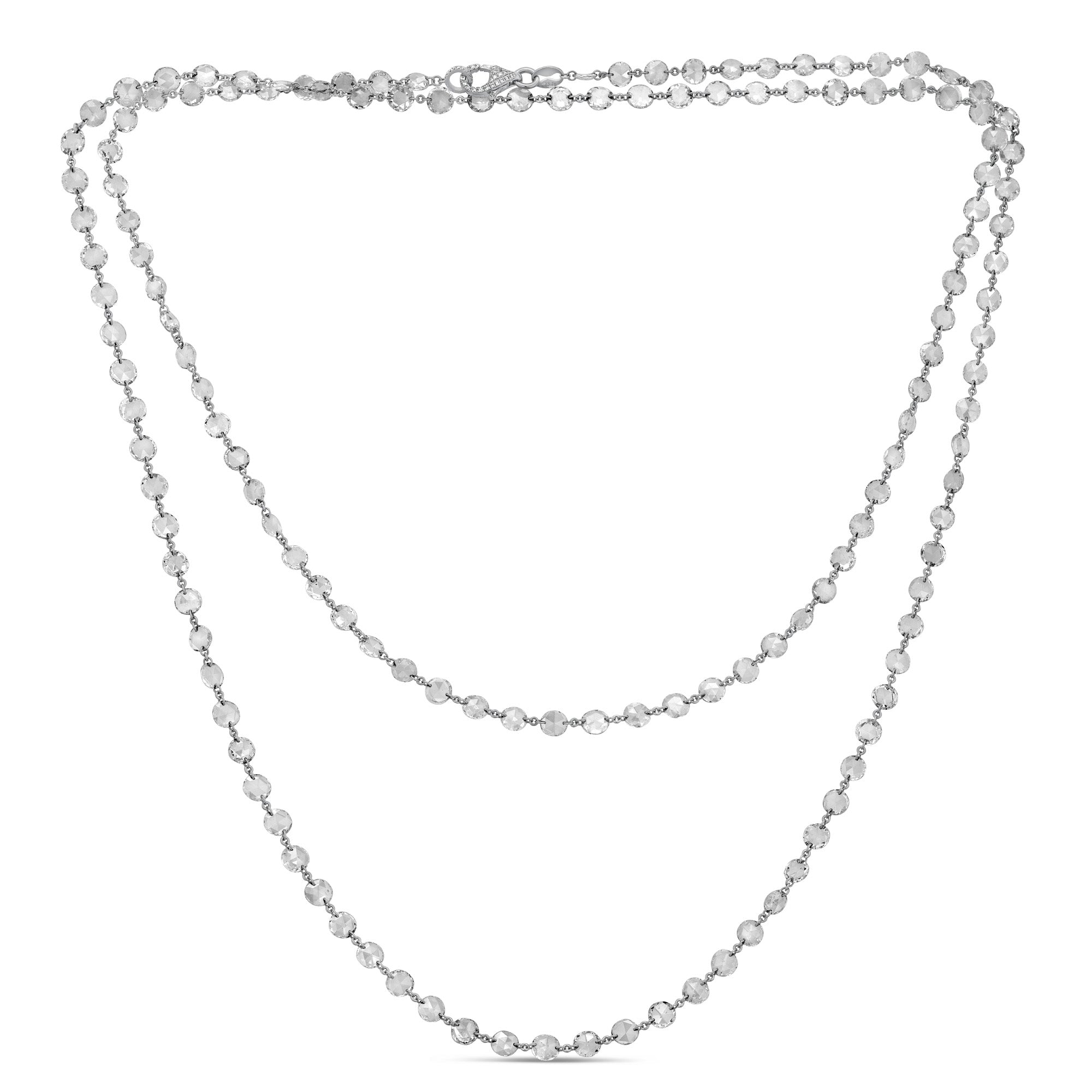18k gold long station necklace featuring rose-cut diamonds spaced evenly along the chain, shown doubled for a layered look.