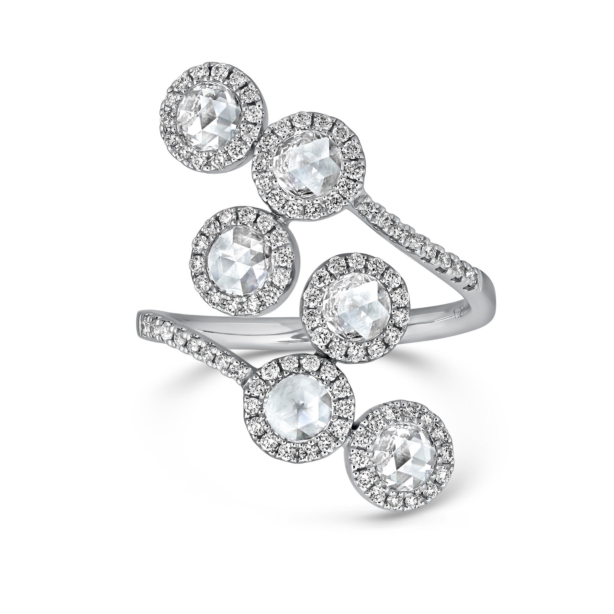 Rose Cut Diamond Ring Set in White Gold.  6 Round diamonds surrounded by delicate round diamonds on band. Eau De Rose Cut. 