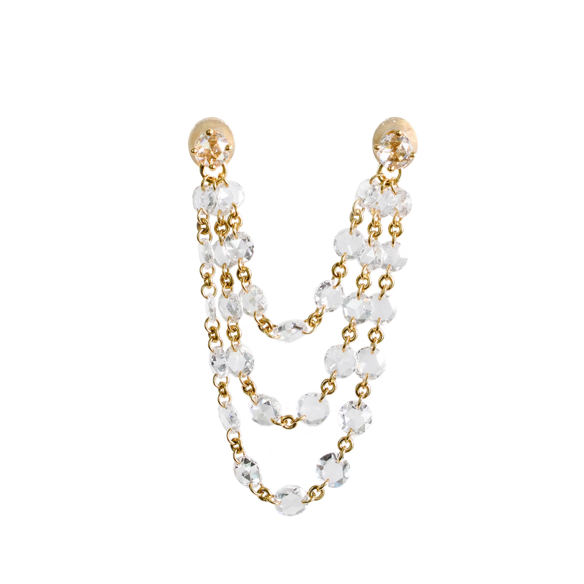 Single 18k yellow gold dangle 3 strand earrings.  Rose cut natural mined diamonds on chain to create a drapping effect. 