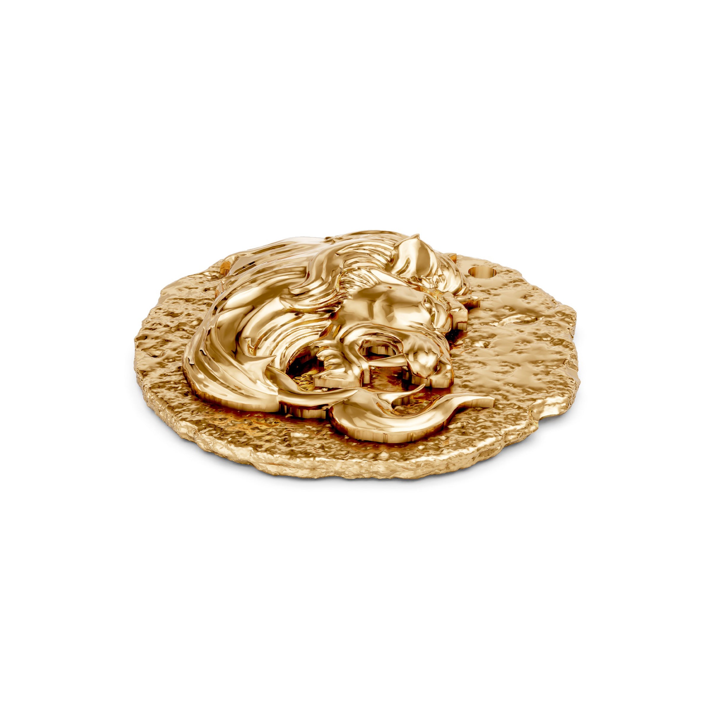 Gold zodiac leo pendant with a lion's head design on a white background