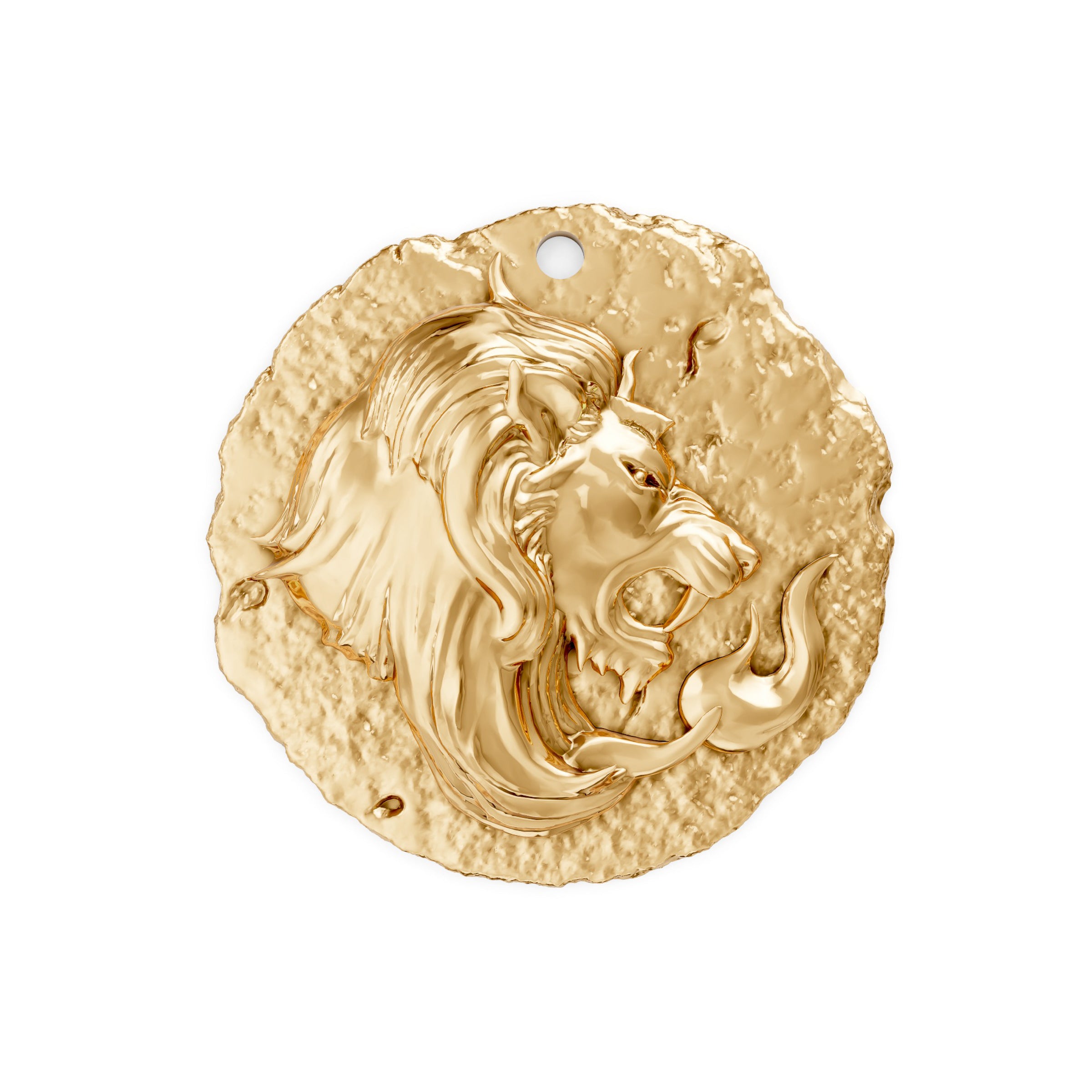Gold zodiac leo pendant with a lion's head design on a white background