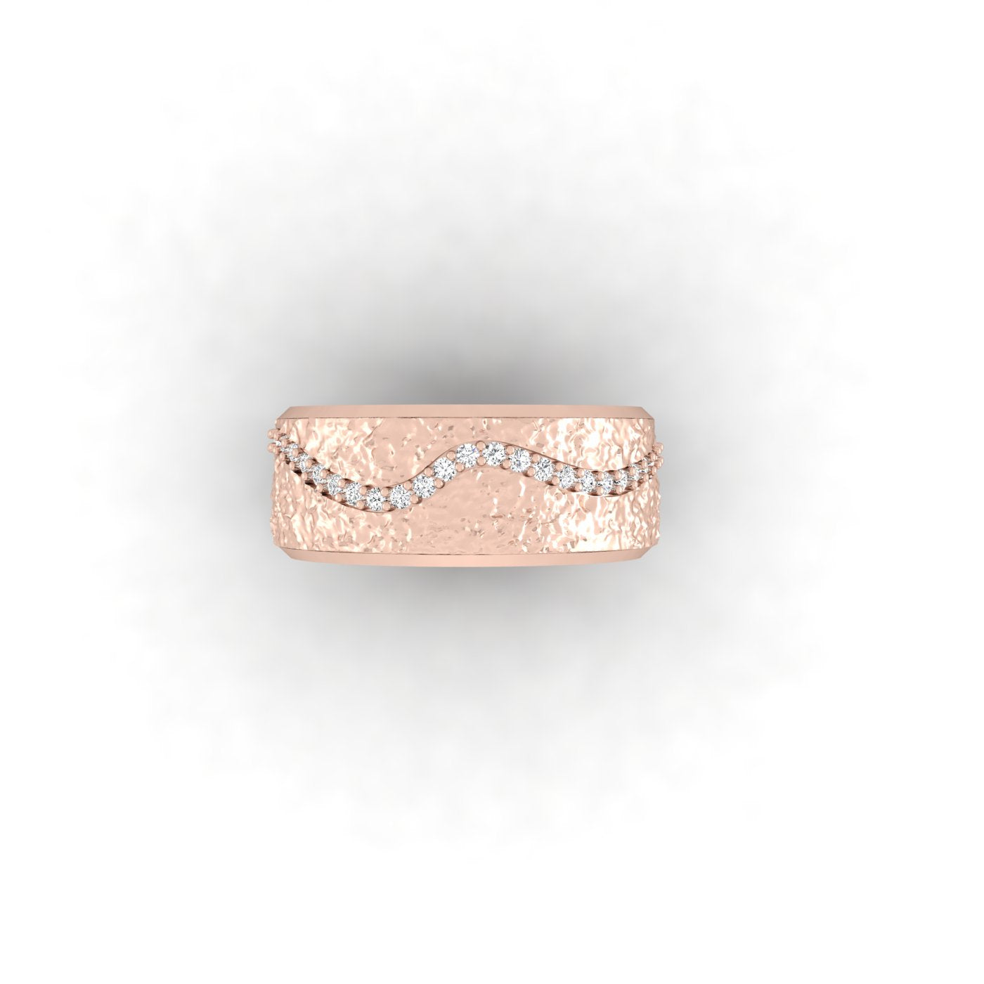 Rose gold ring with diamond accents on a light gray background