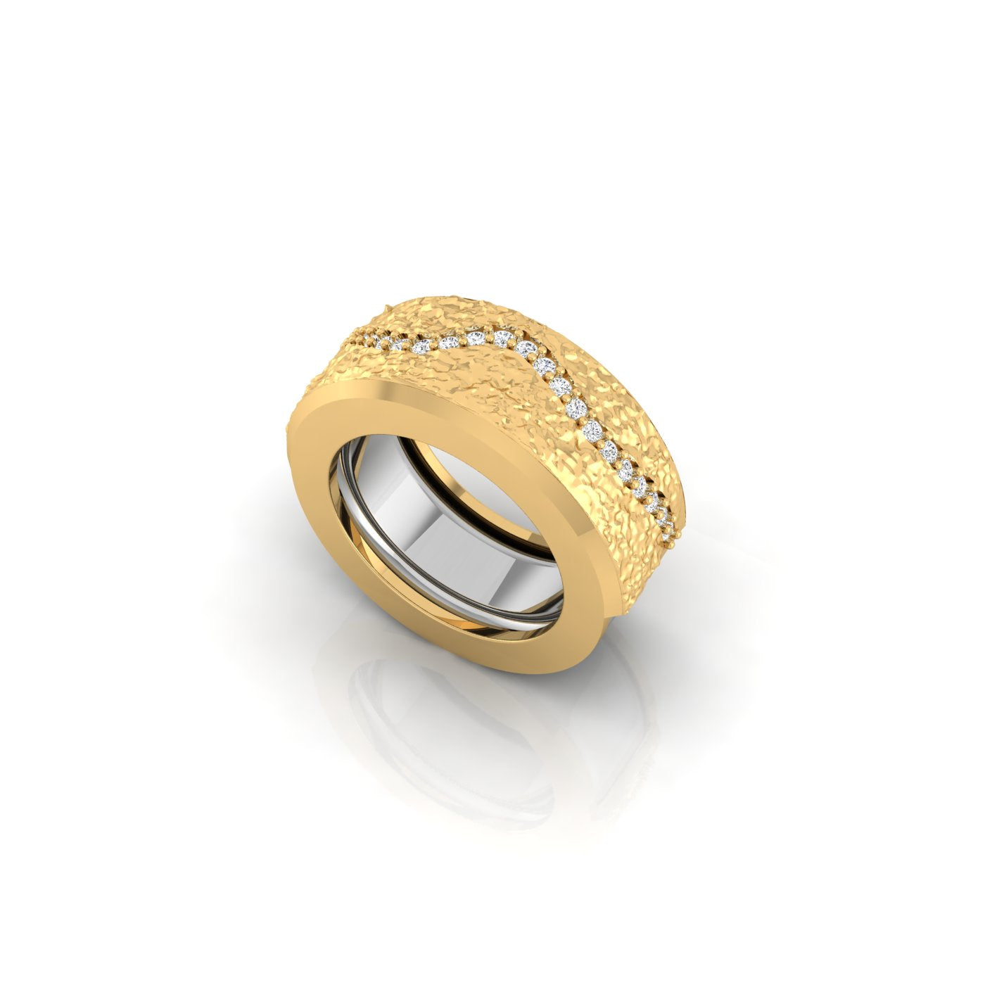 Oura/Smart Ring Yellow Gold and Diamond Ring Cover With Wave Diamond Design, silver oura ring inside showing the way the jacket covers the oura or smart ring. 