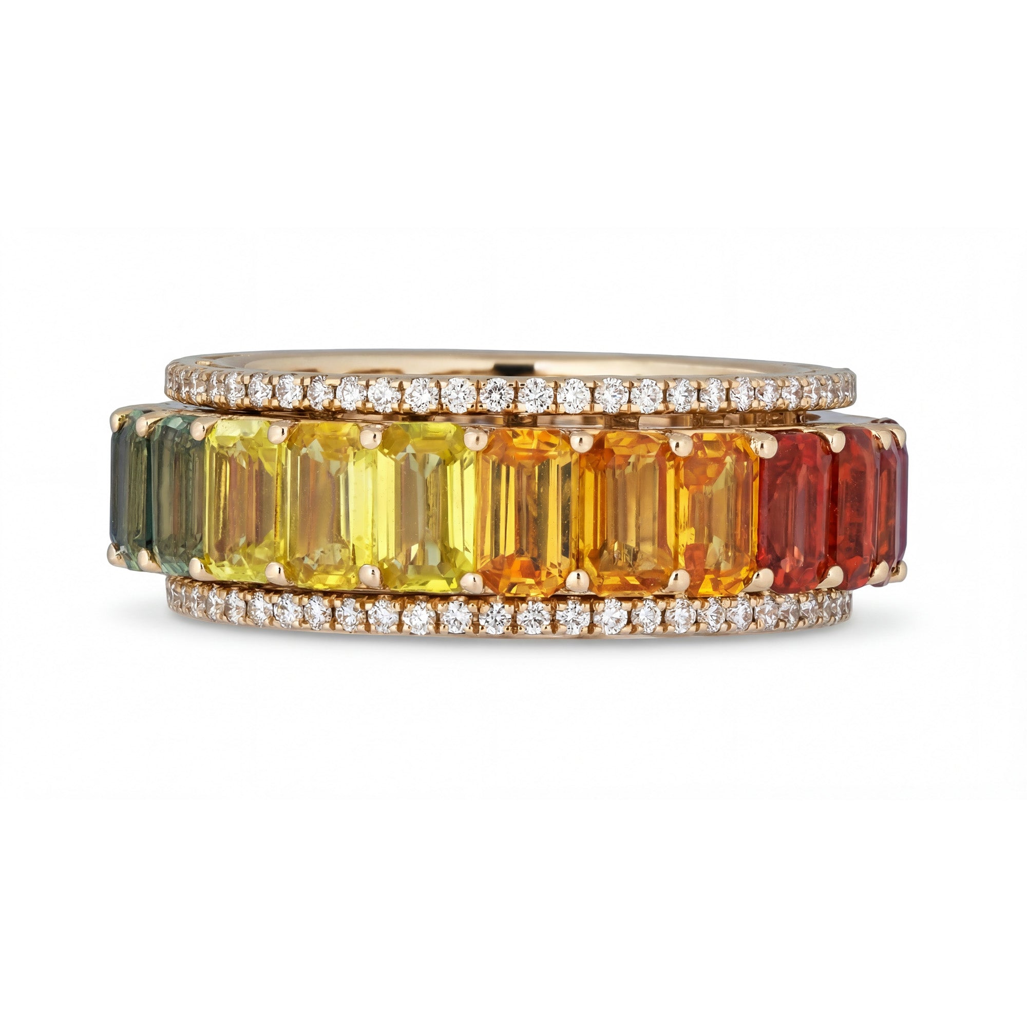 Multicolored gemstone ring with diamond accents on a white background.  Green - Red rainbow sapphires