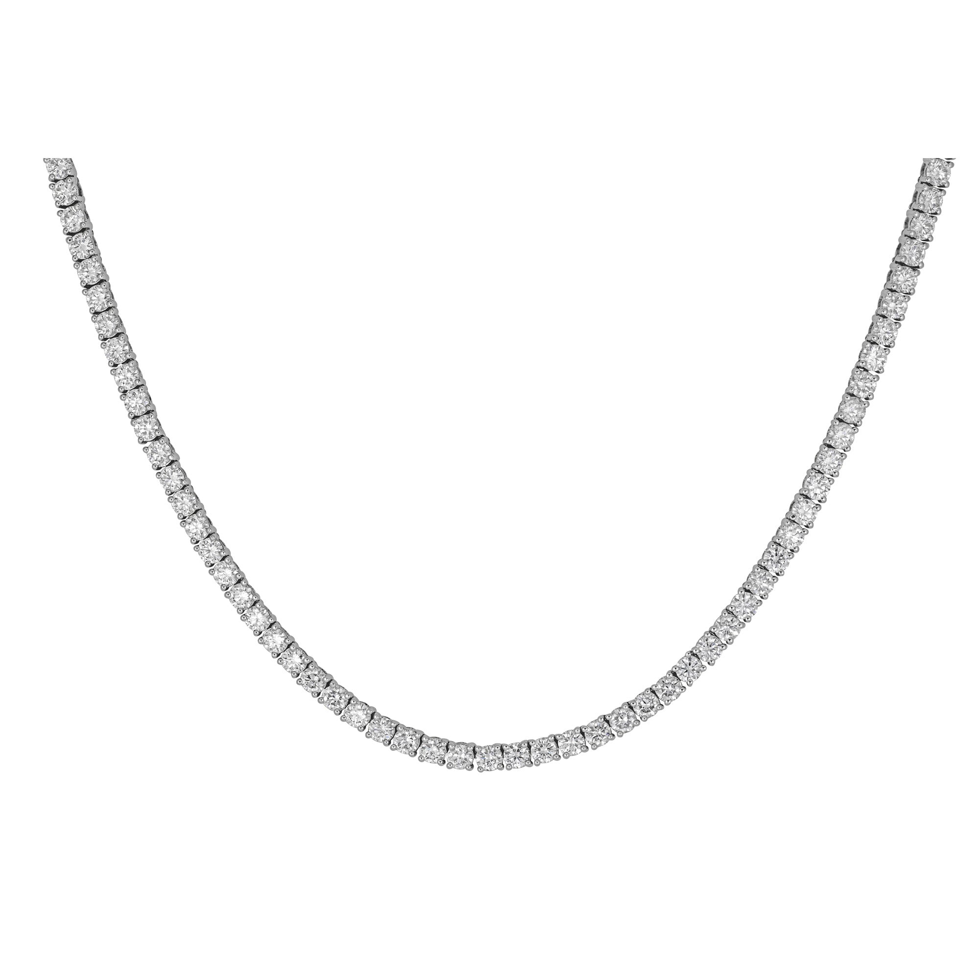 Diamond tennis necklace on a white background set in white gold