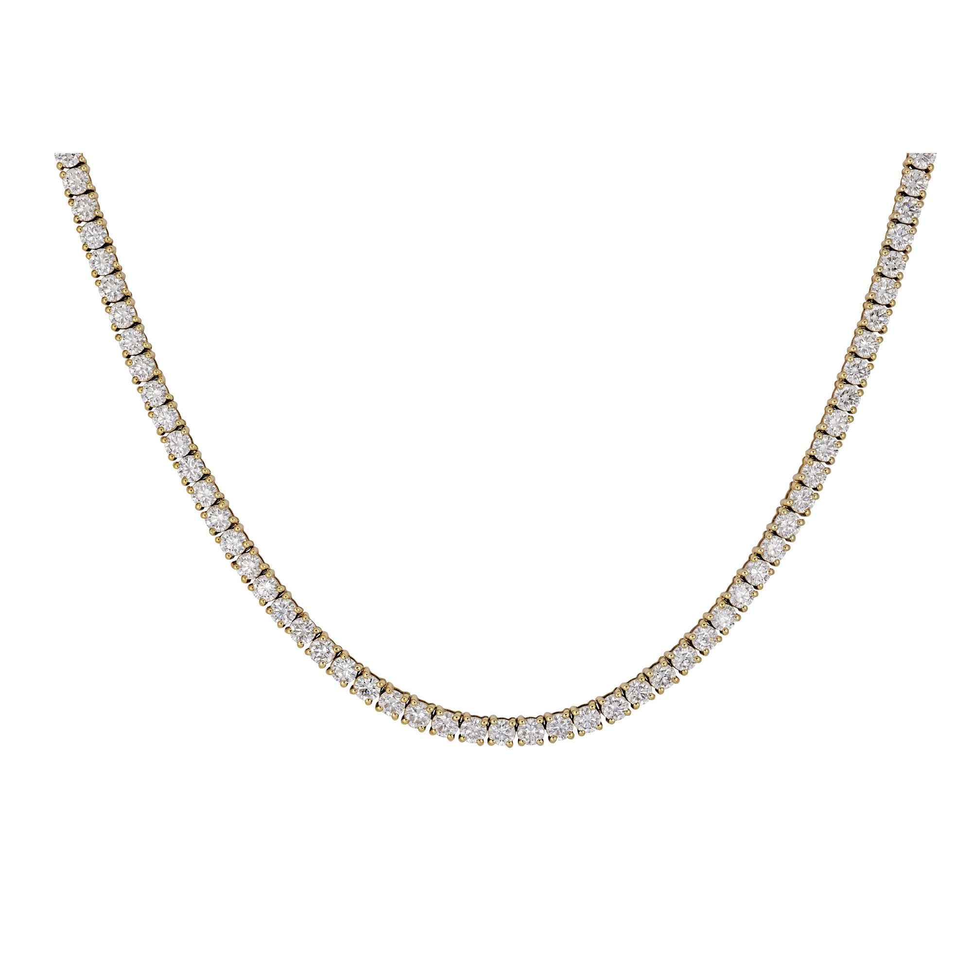 Diamond tennis necklace on a white background set in yellow gold