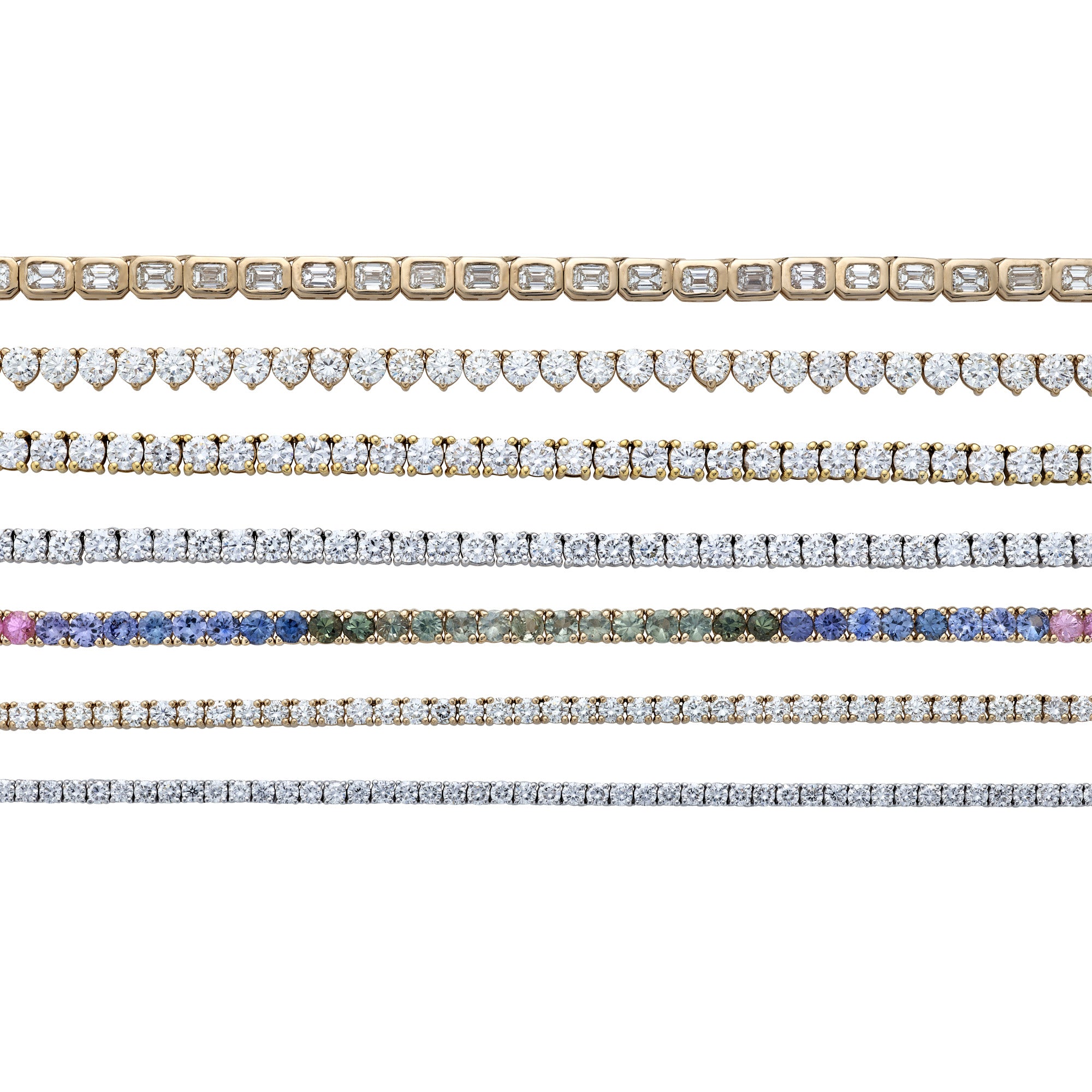 Set of diamond tennis bracelets on a white background