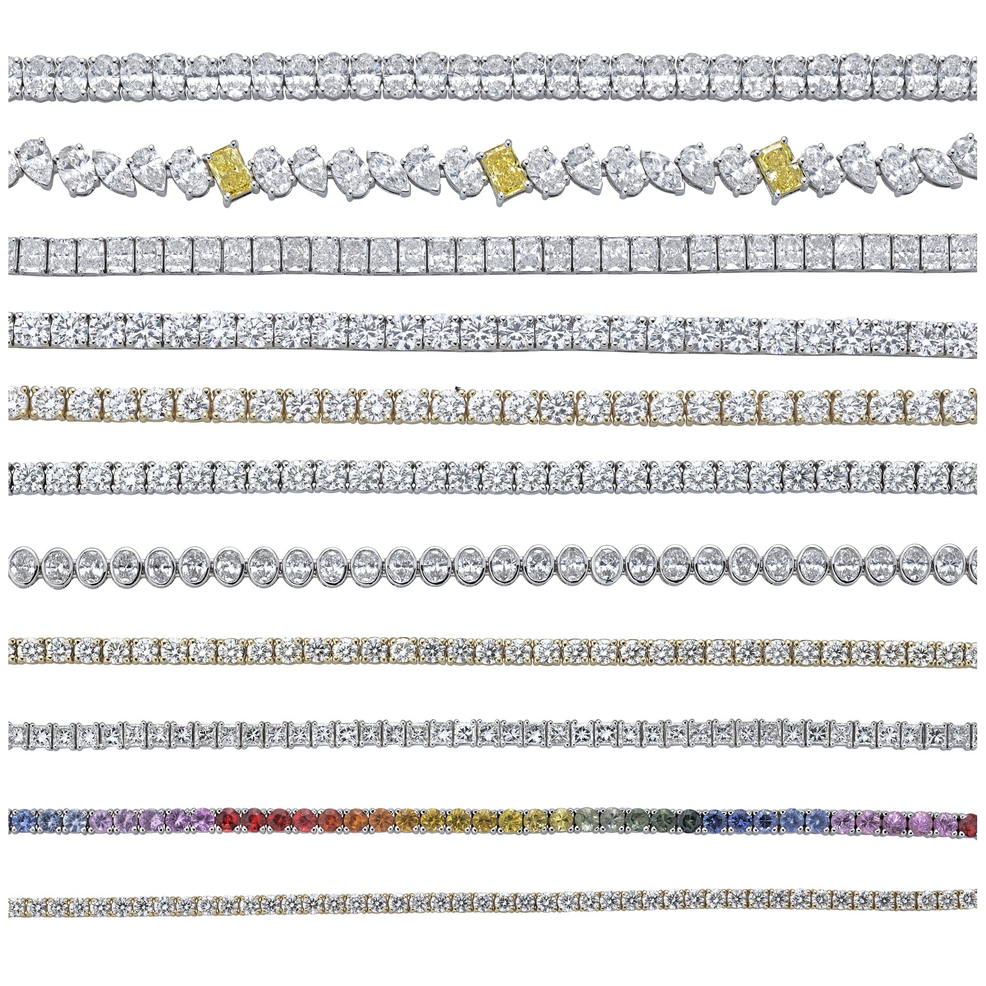 Collection of various diamond tennis bracelets on a white background