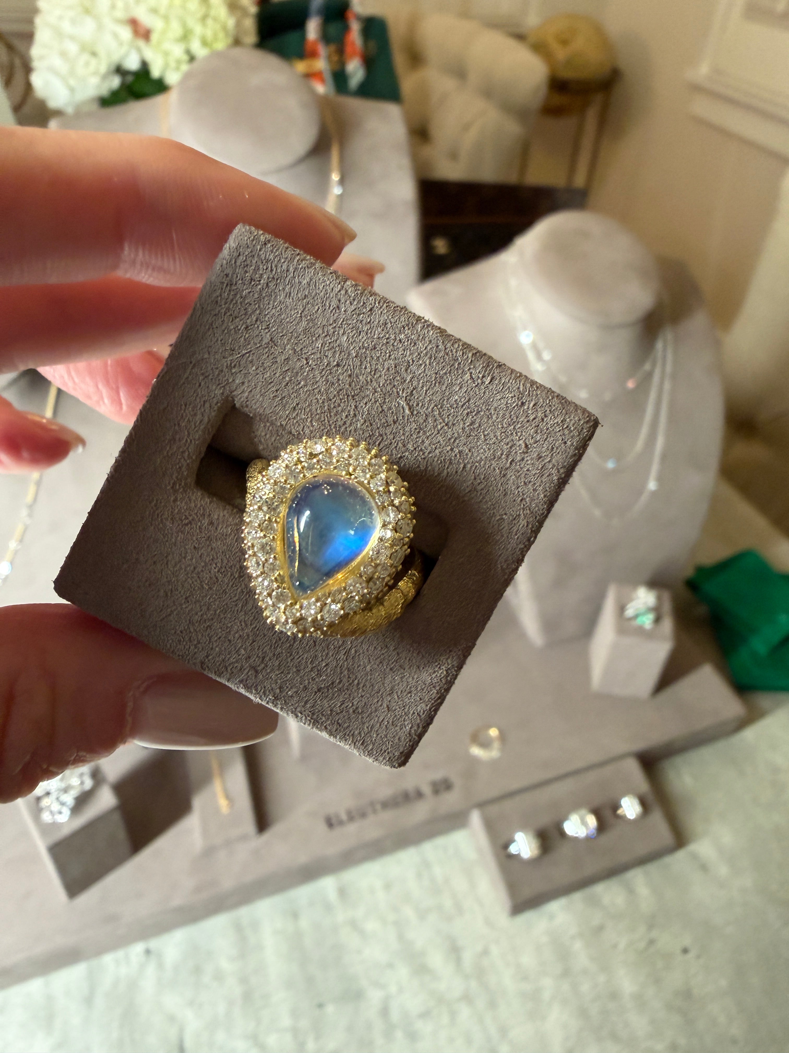 Blue sheath pear-shape moonstone fine jewelry ring