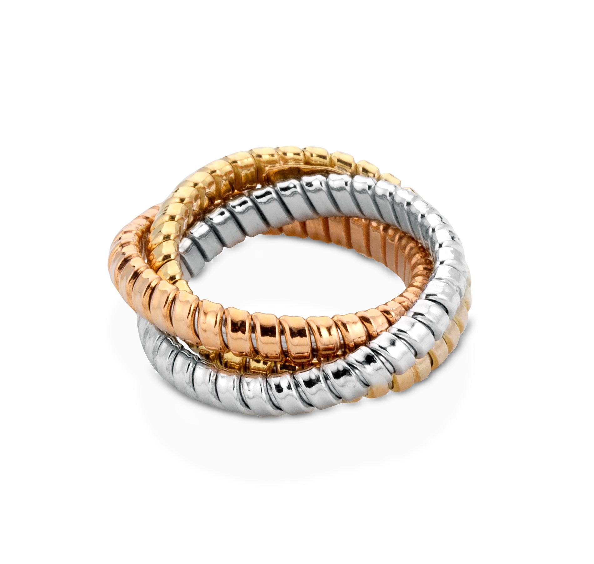 18K Tri Gold, White, Yellow and Rose Gold Tubogas three strand ring interlocking as one. 